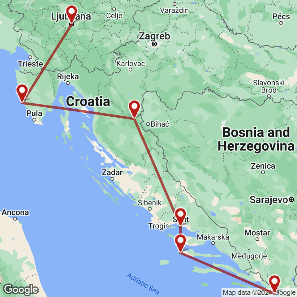 Route for Ljubljana, Rovinj, Plitvice, Split, Hvar, Dubrovnik tour